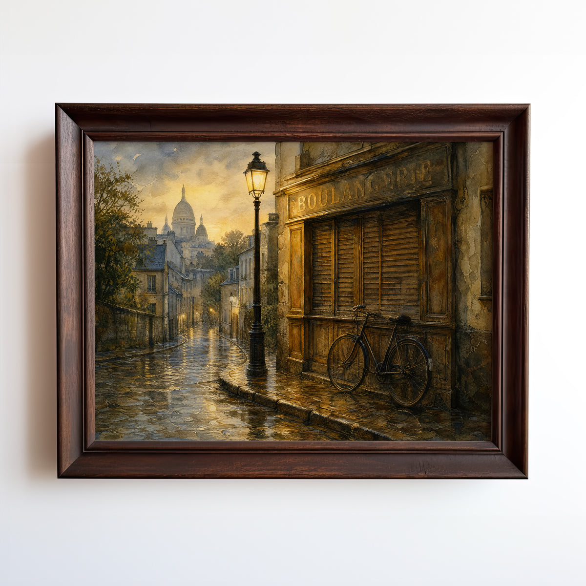 Oil painting of a rainy Paris street at dawn with Sacré-Cœur and a vintage bicycle