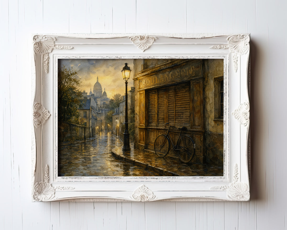 Oil painting of a rainy Paris street at dawn with Sacré-Cœur and a vintage bicycle — view 3