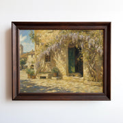 Oil painting of a wisteria-draped Mediterranean courtyard with a weathered green door