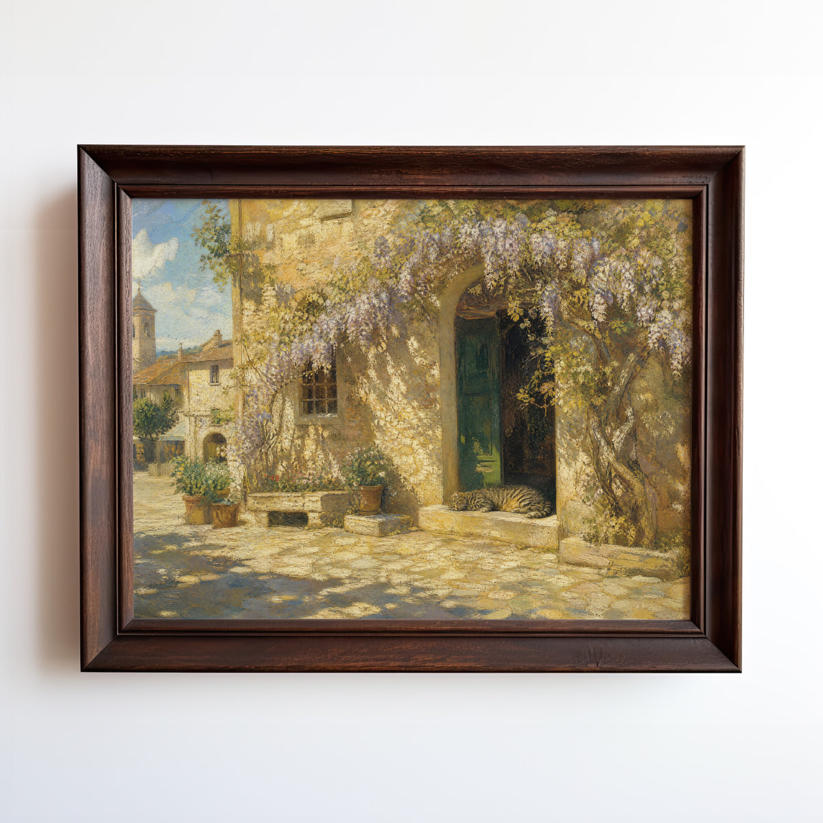 Oil painting of a wisteria-draped Mediterranean courtyard with a weathered green door