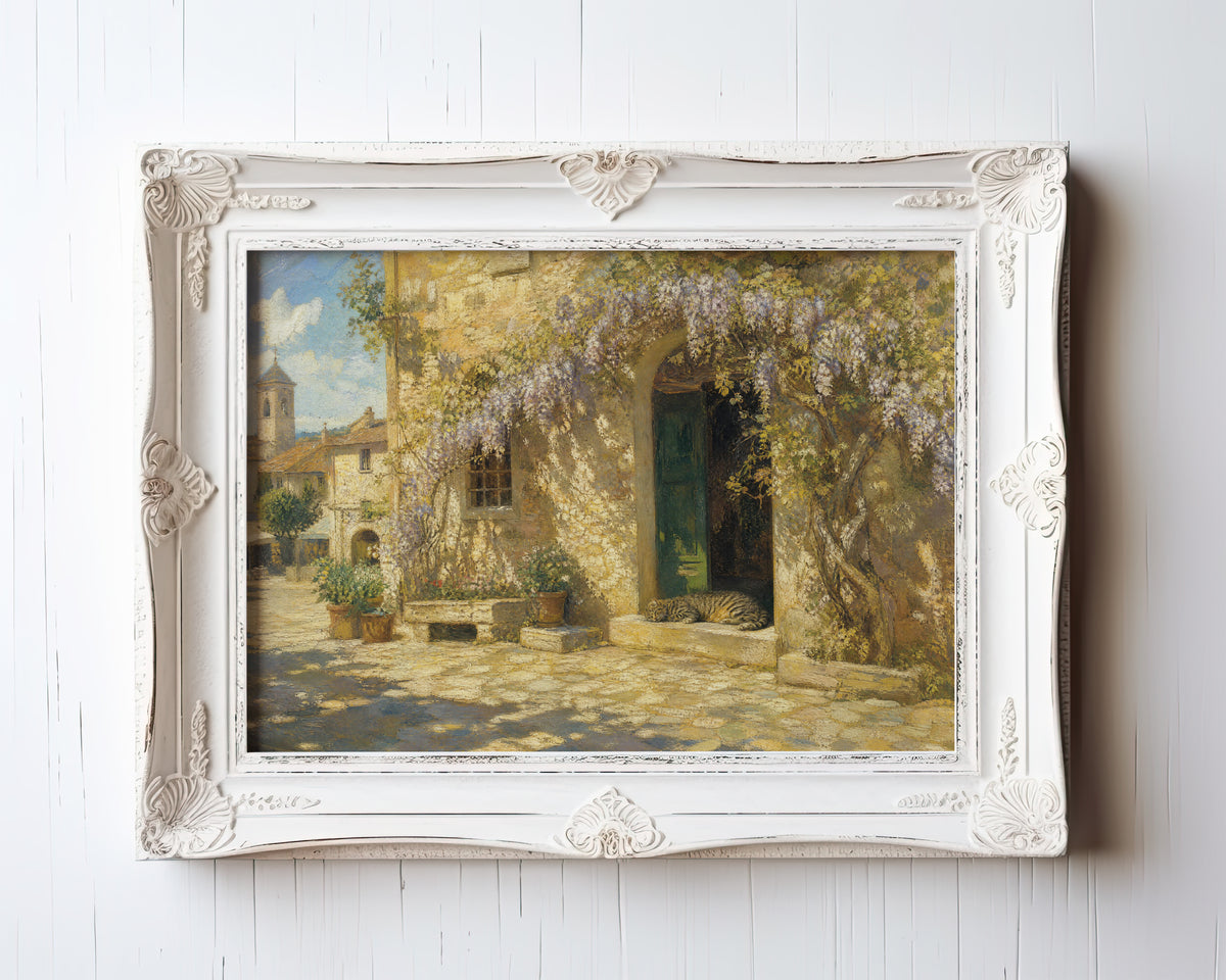 Oil painting of a wisteria-draped Mediterranean courtyard with a weathered green door — view 3
