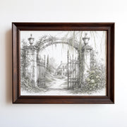 Etching of ornate garden gate archway leading to distant ivy-covered manor house