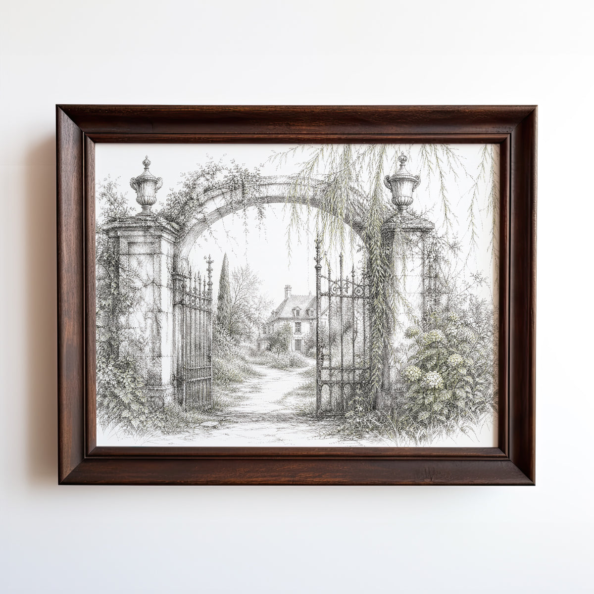 Etching of ornate garden gate archway leading to distant ivy-covered manor house