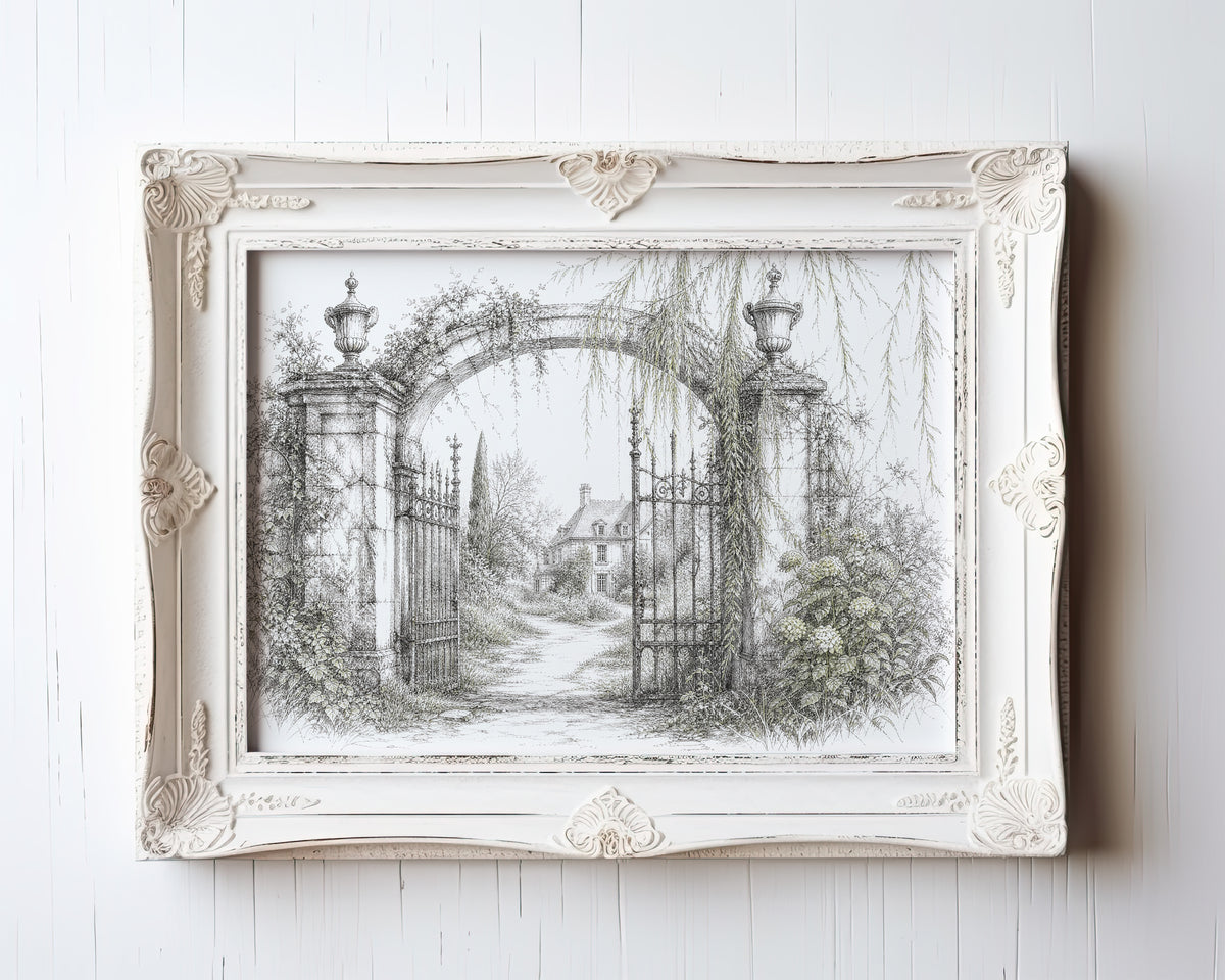 Etching of ornate garden gate archway leading to distant ivy-covered manor house — view 3