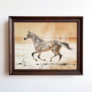 Watercolor painting of a galloping horse on a cracked desert salt flat