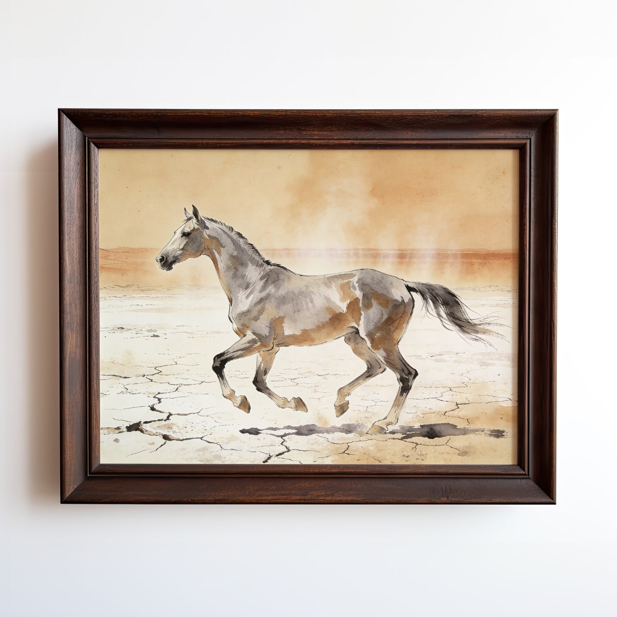 Watercolor painting of a galloping horse on a cracked desert salt flat