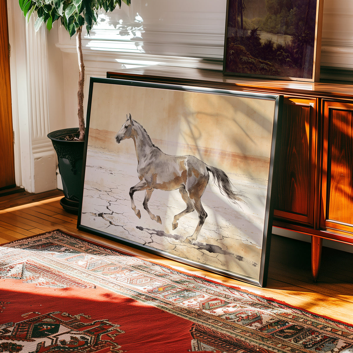Watercolor painting of a galloping horse on a cracked desert salt flat — view 2