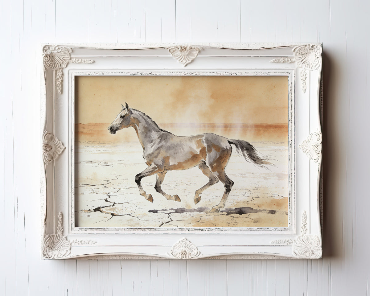 Watercolor painting of a galloping horse on a cracked desert salt flat — view 3