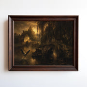 Oil painting of a heron taking flight from a misty stone bridge at golden dusk