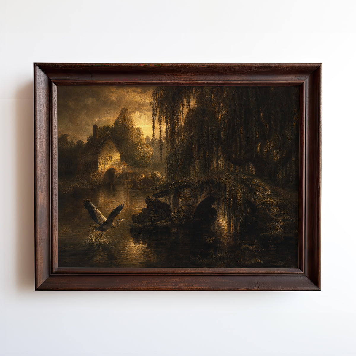 Oil painting of a heron taking flight from a misty stone bridge at golden dusk