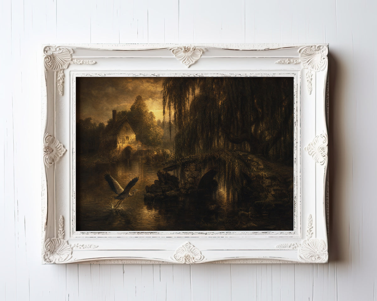 Oil painting of a heron taking flight from a misty stone bridge at golden dusk — view 3