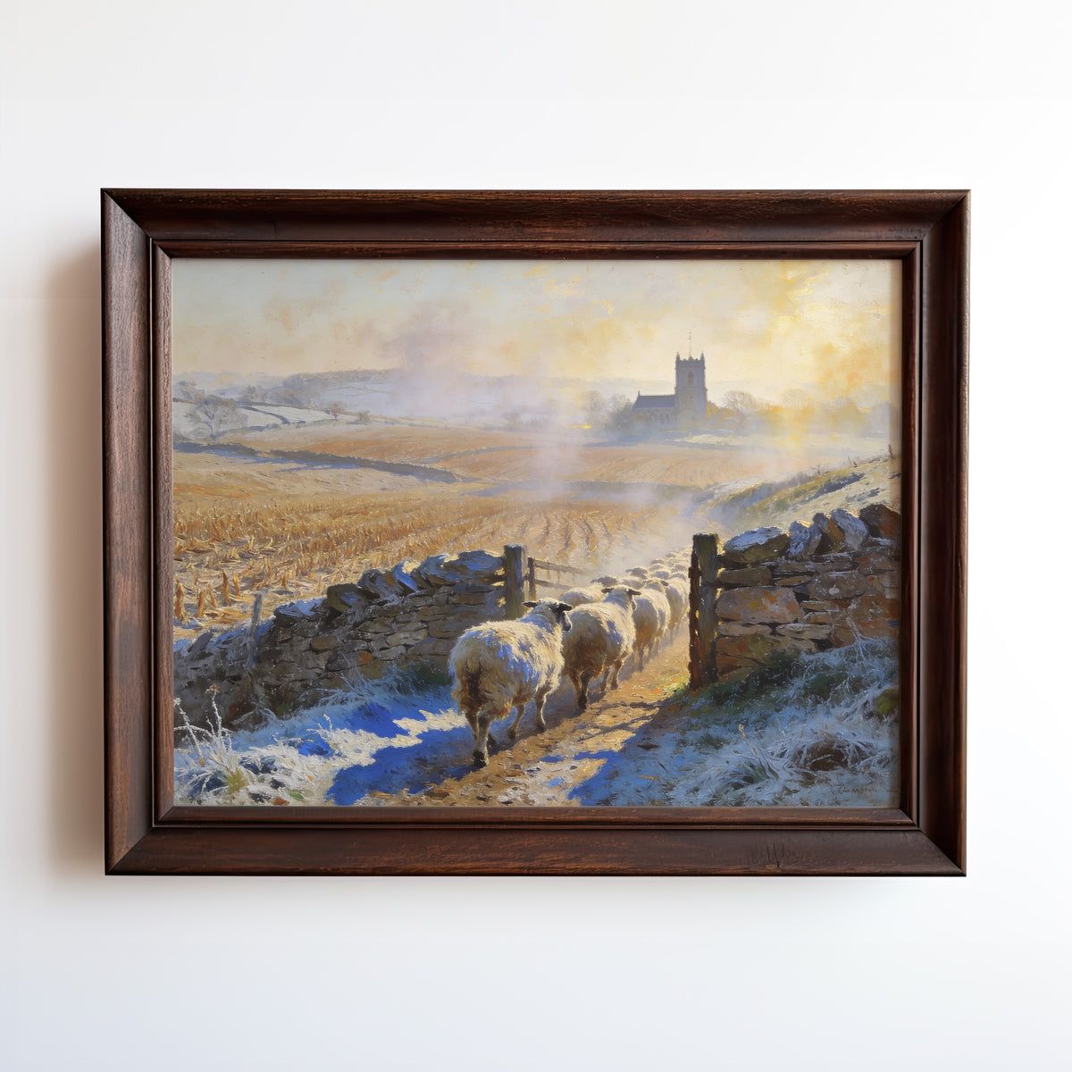 Oil painting of sheep grazing in snowy English countryside near a distant church tower