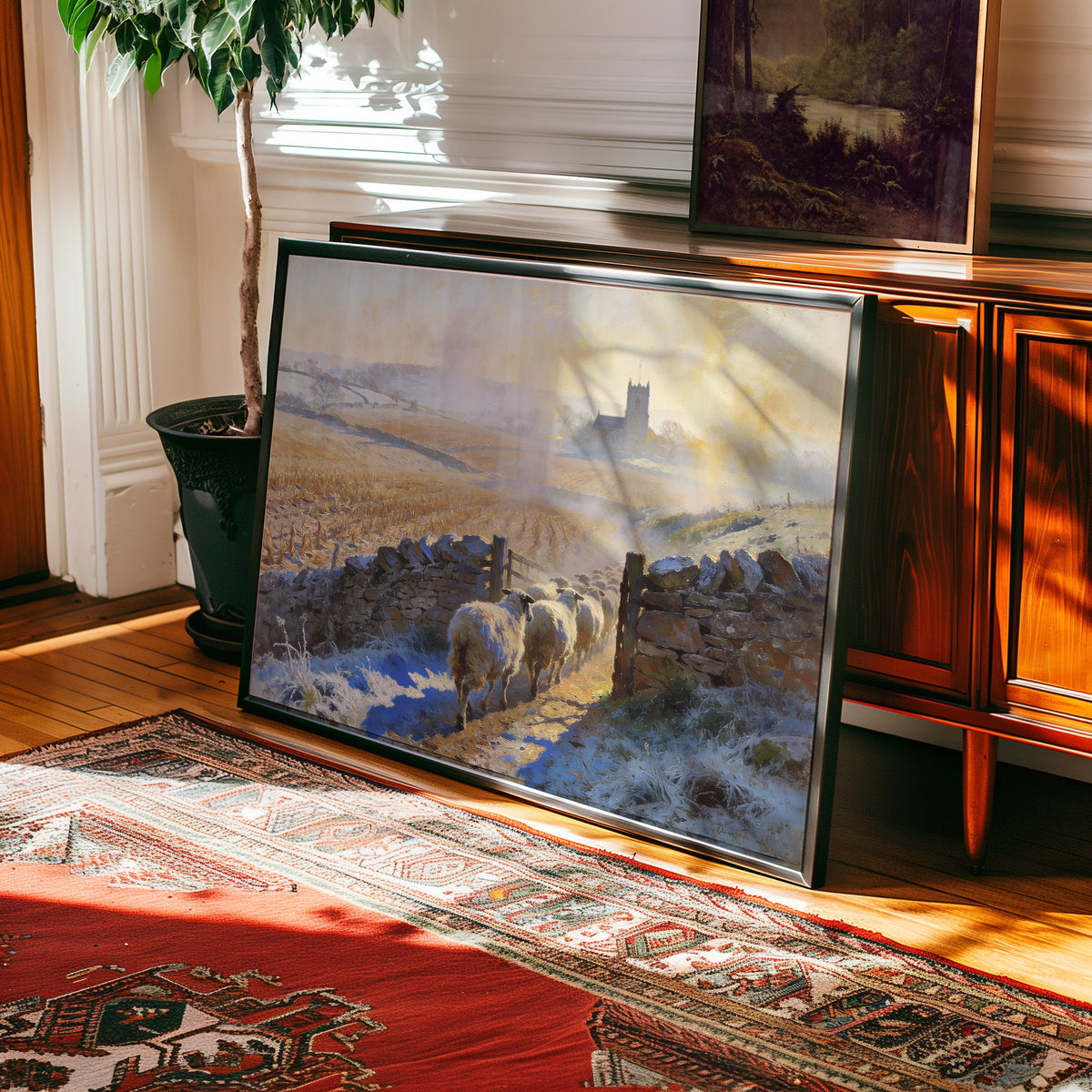 Oil painting of sheep grazing in snowy English countryside near a distant church tower — view 2