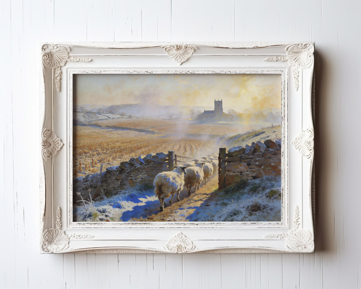 Oil painting of sheep grazing in snowy English countryside near a distant church tower — view 3