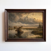 Oil painting of a moose wading through a misty golden-hour mountain lake