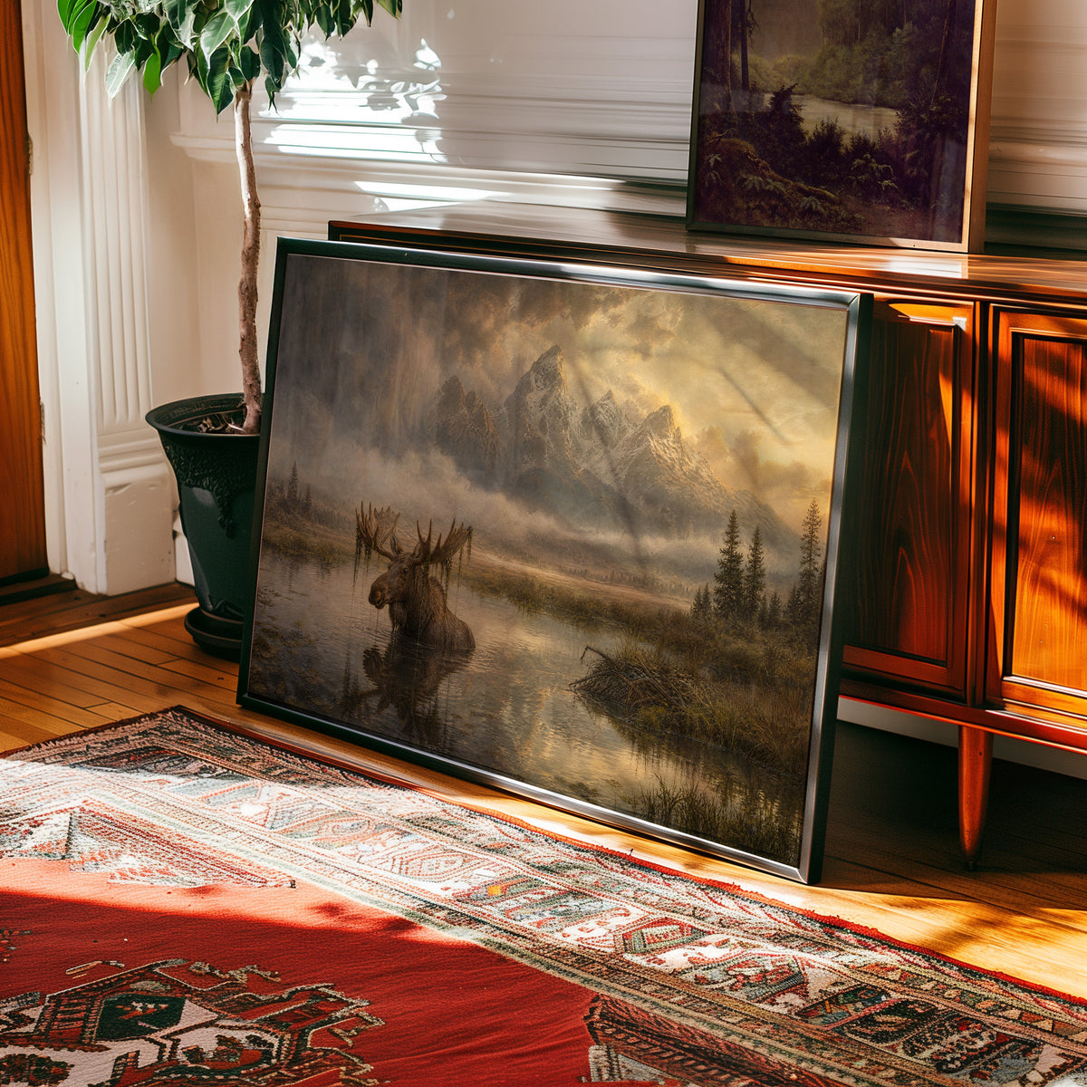Oil painting of a moose wading through a misty golden-hour mountain lake — view 2