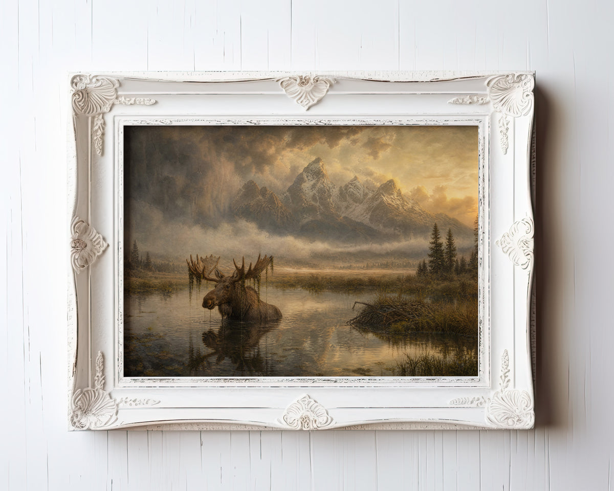 Oil painting of a moose wading through a misty golden-hour mountain lake — view 3