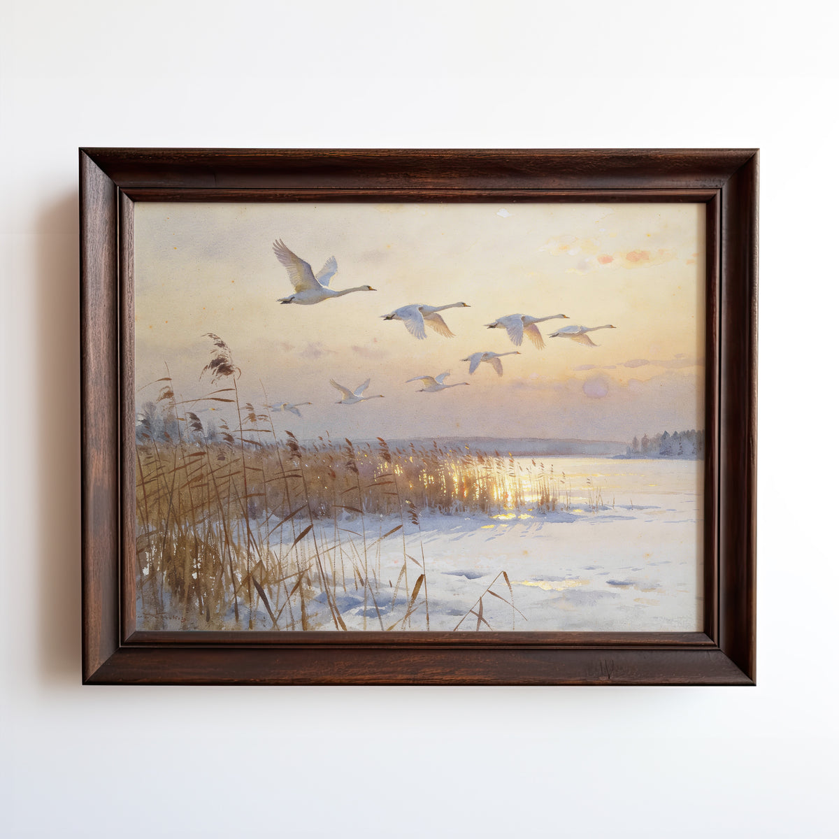 Oil painting print of geese flying over a frozen lake at golden-light dawn