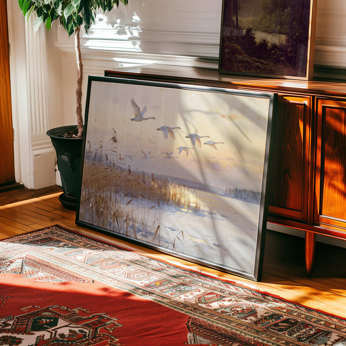 Oil painting print of geese flying over a frozen lake at golden-light dawn — view 2