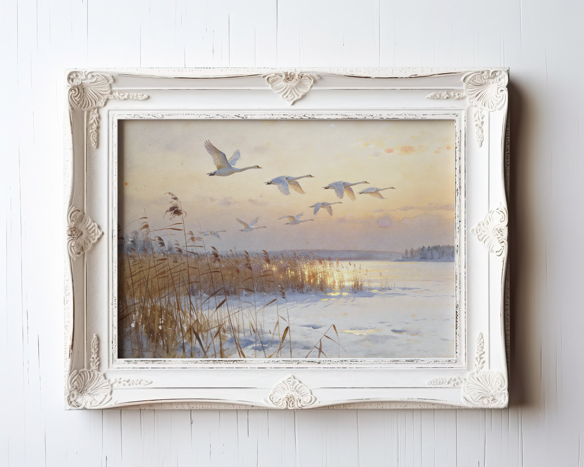 Oil painting print of geese flying over a frozen lake at golden-light dawn — view 3
