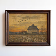 Vintage travel poster of a round barn in a harvested cornfield at golden hour with migrating birds