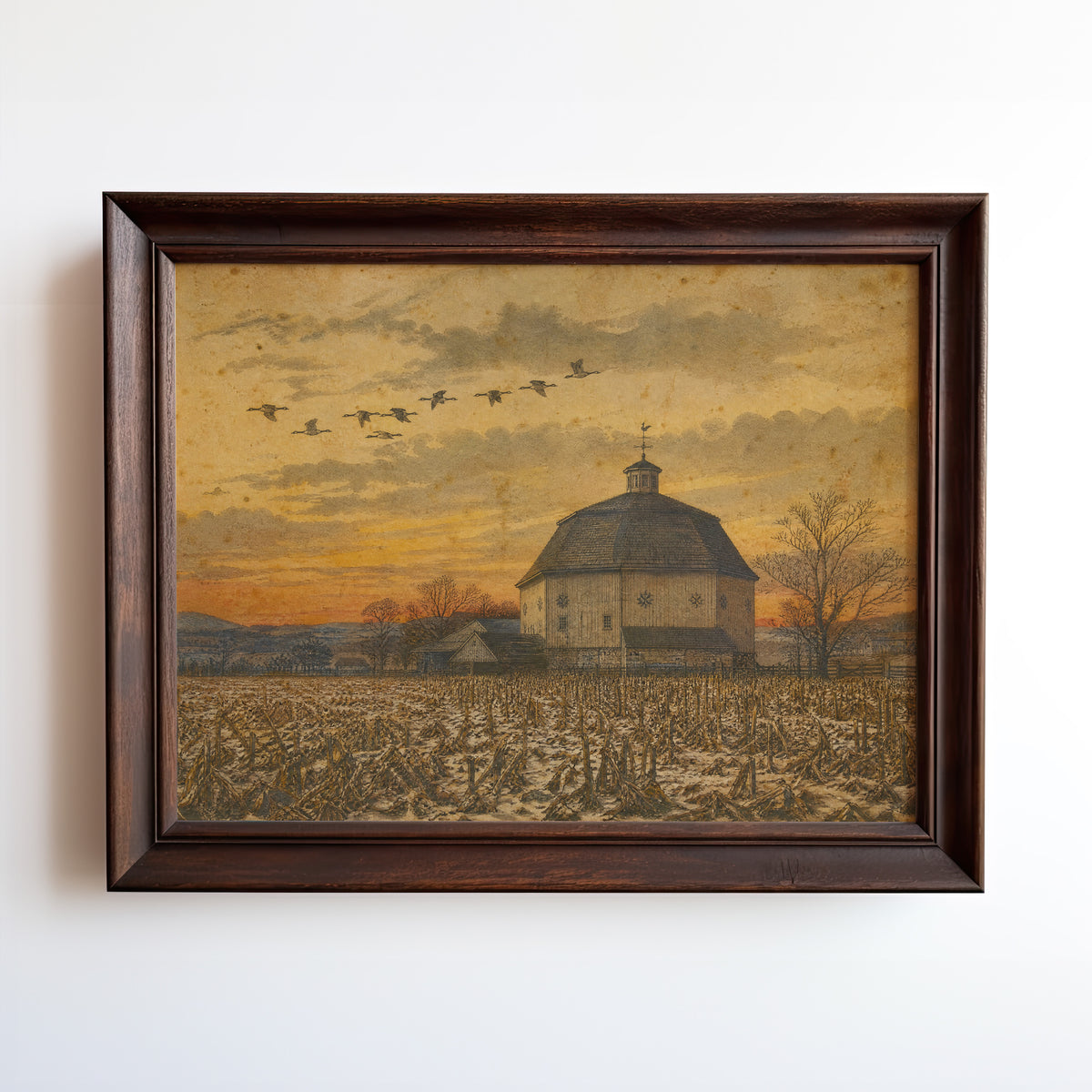 Vintage travel poster of a round barn in a harvested cornfield at golden hour with migrating birds