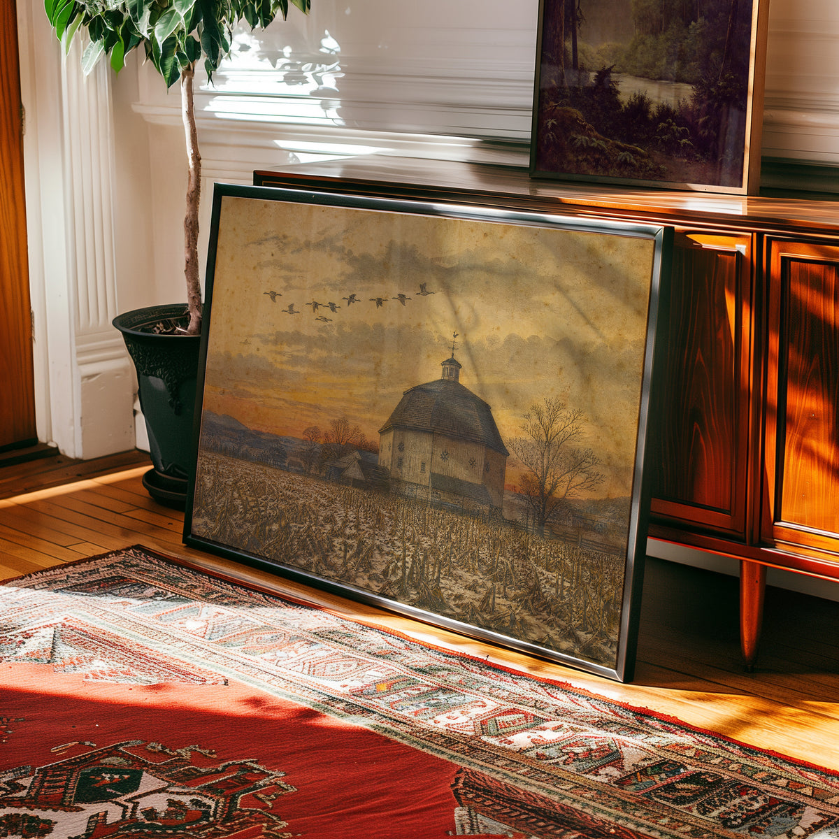 Vintage travel poster of a round barn in a harvested cornfield at golden hour with migrating birds — view 2