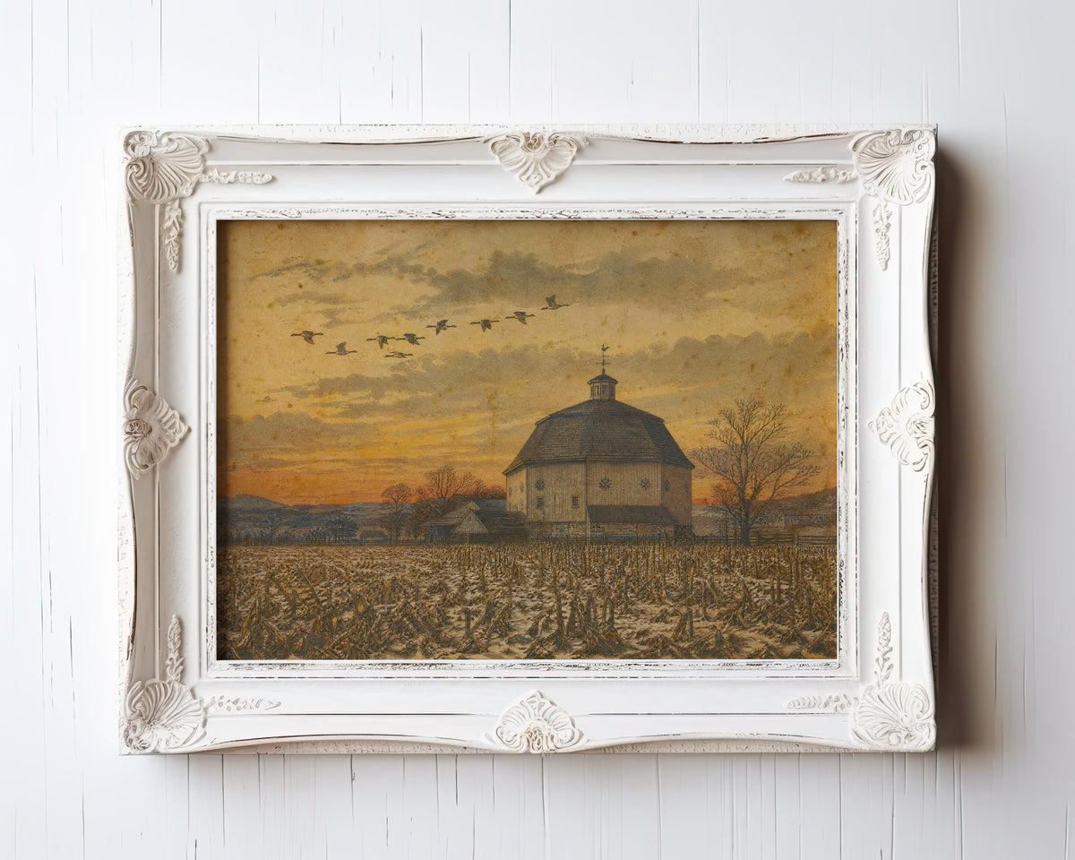 Vintage travel poster of a round barn in a harvested cornfield at golden hour with migrating birds — view 3