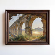 Oil painting print of Roman aqueduct ruins with wildflowers framing a hillside basilica