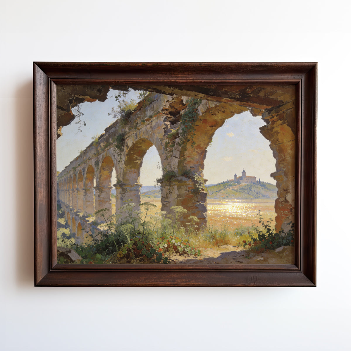 Oil painting print of Roman aqueduct ruins with wildflowers framing a hillside basilica