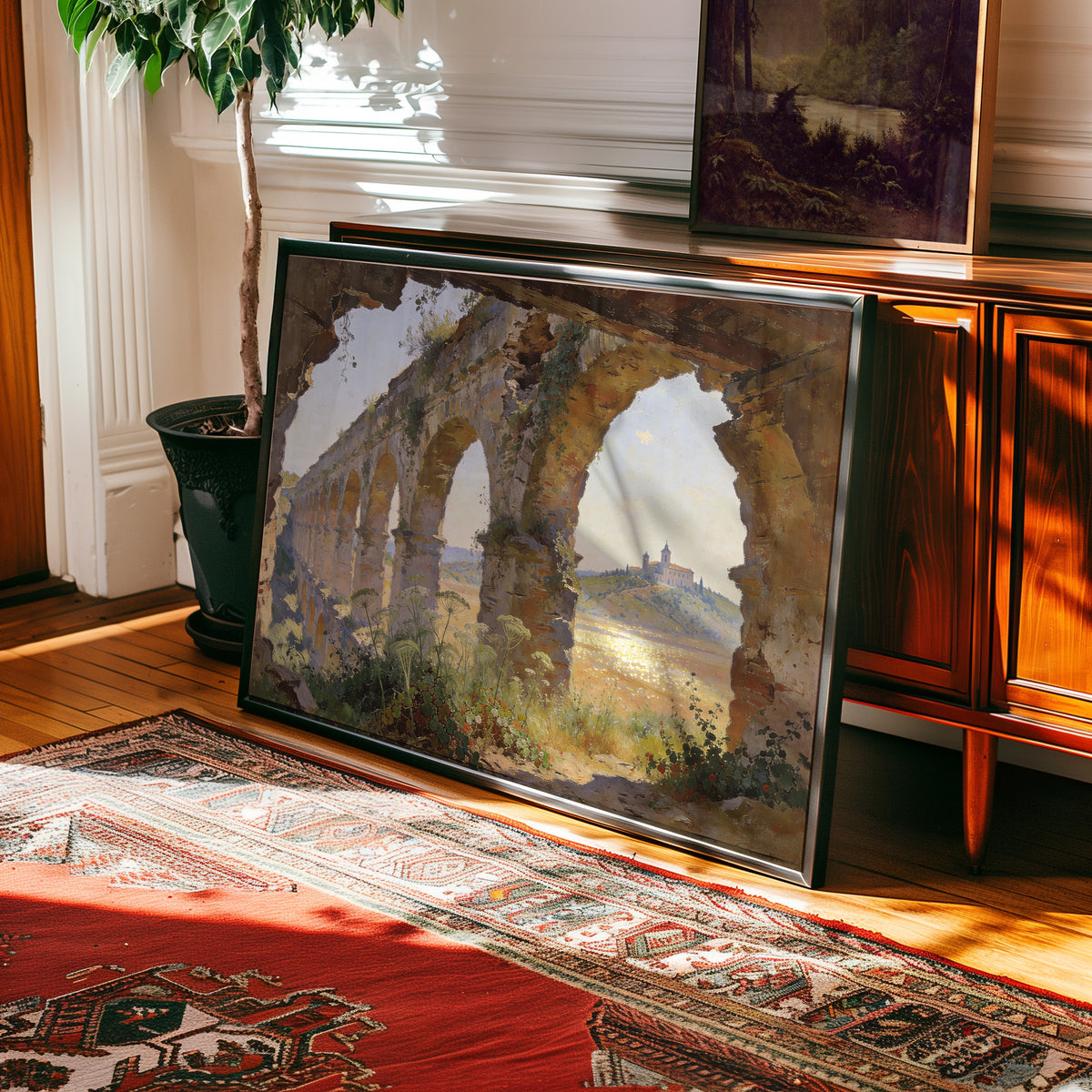 Oil painting print of Roman aqueduct ruins with wildflowers framing a hillside basilica — view 2