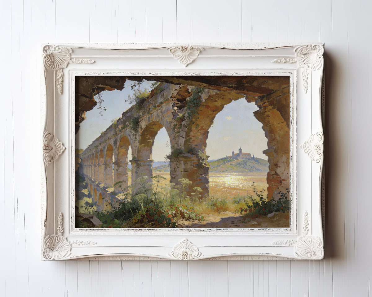 Oil painting print of Roman aqueduct ruins with wildflowers framing a hillside basilica — view 3