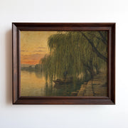 Etching-style print of weeping willows framing a boatman on a sunset river