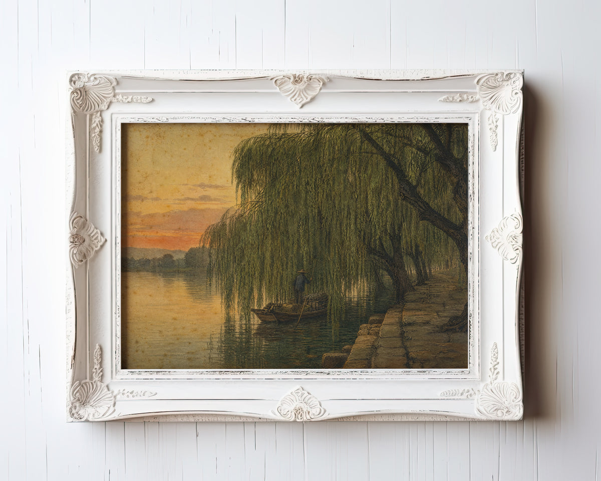Etching-style print of weeping willows framing a boatman on a sunset river — view 3