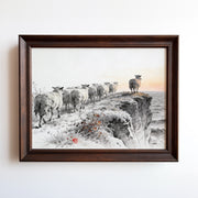 Watercolor print of frost-covered sheep walking along coastal cliffs at first light