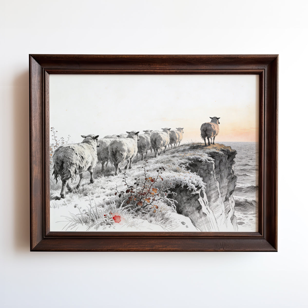 Watercolor print of frost-covered sheep walking along coastal cliffs at first light