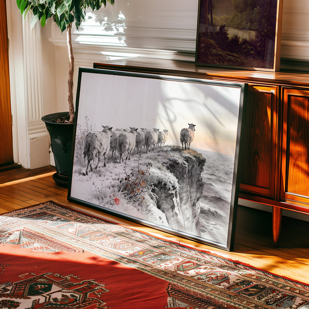 Watercolor print of frost-covered sheep walking along coastal cliffs at first light — view 2