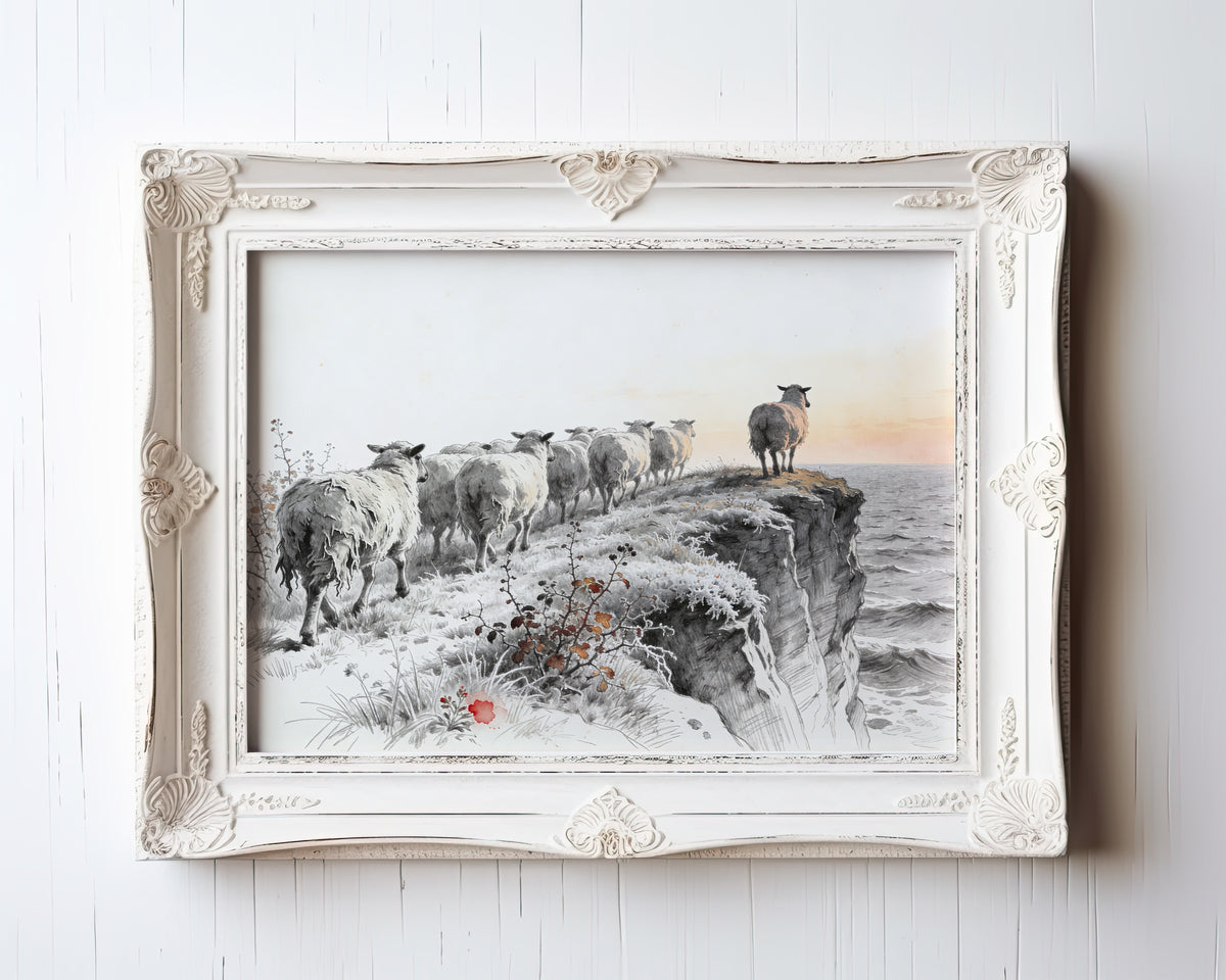 Watercolor print of frost-covered sheep walking along coastal cliffs at first light — view 3