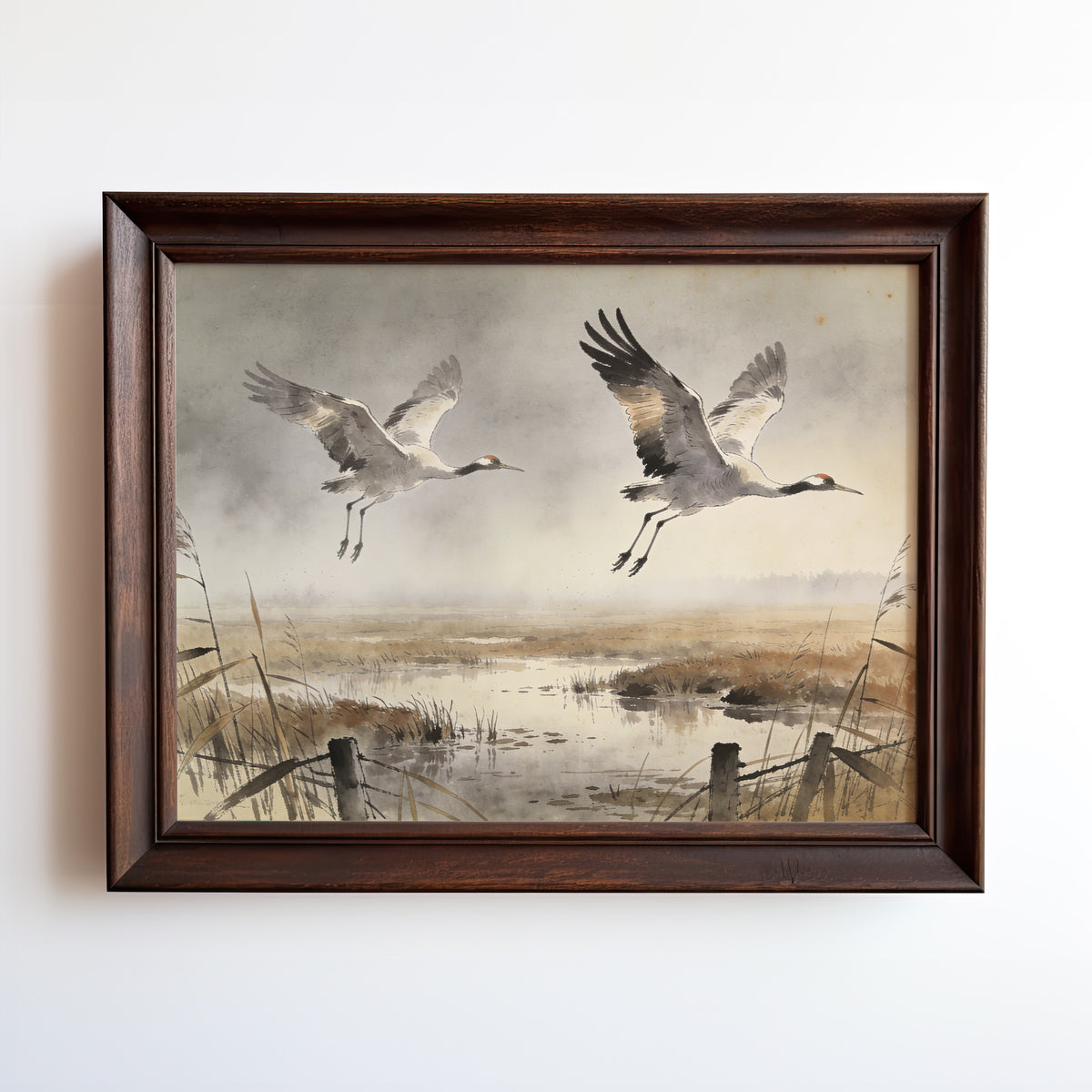 Watercolor painting of two cranes flying over a misty wetland marsh at dawn