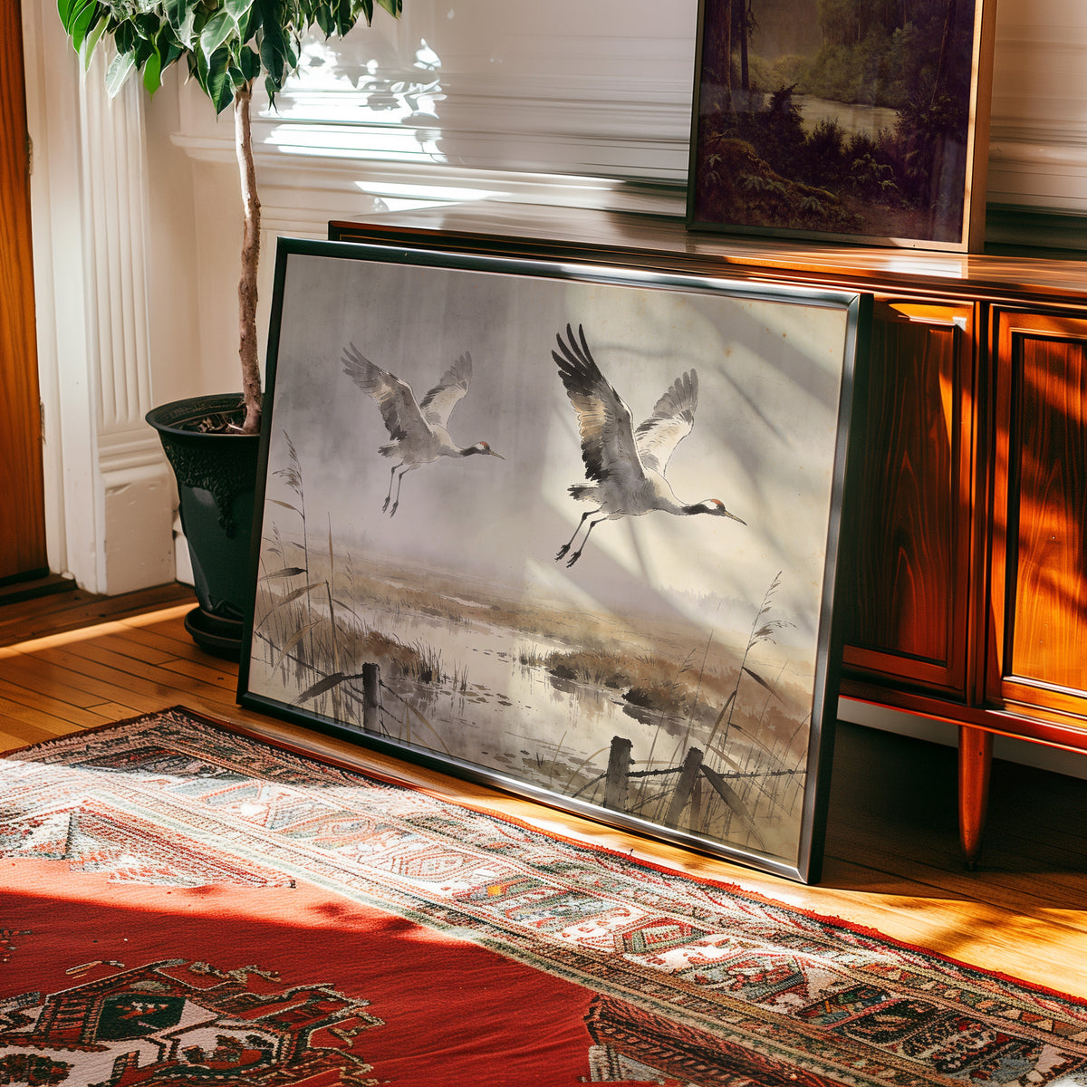 Watercolor painting of two cranes flying over a misty wetland marsh at dawn — view 2