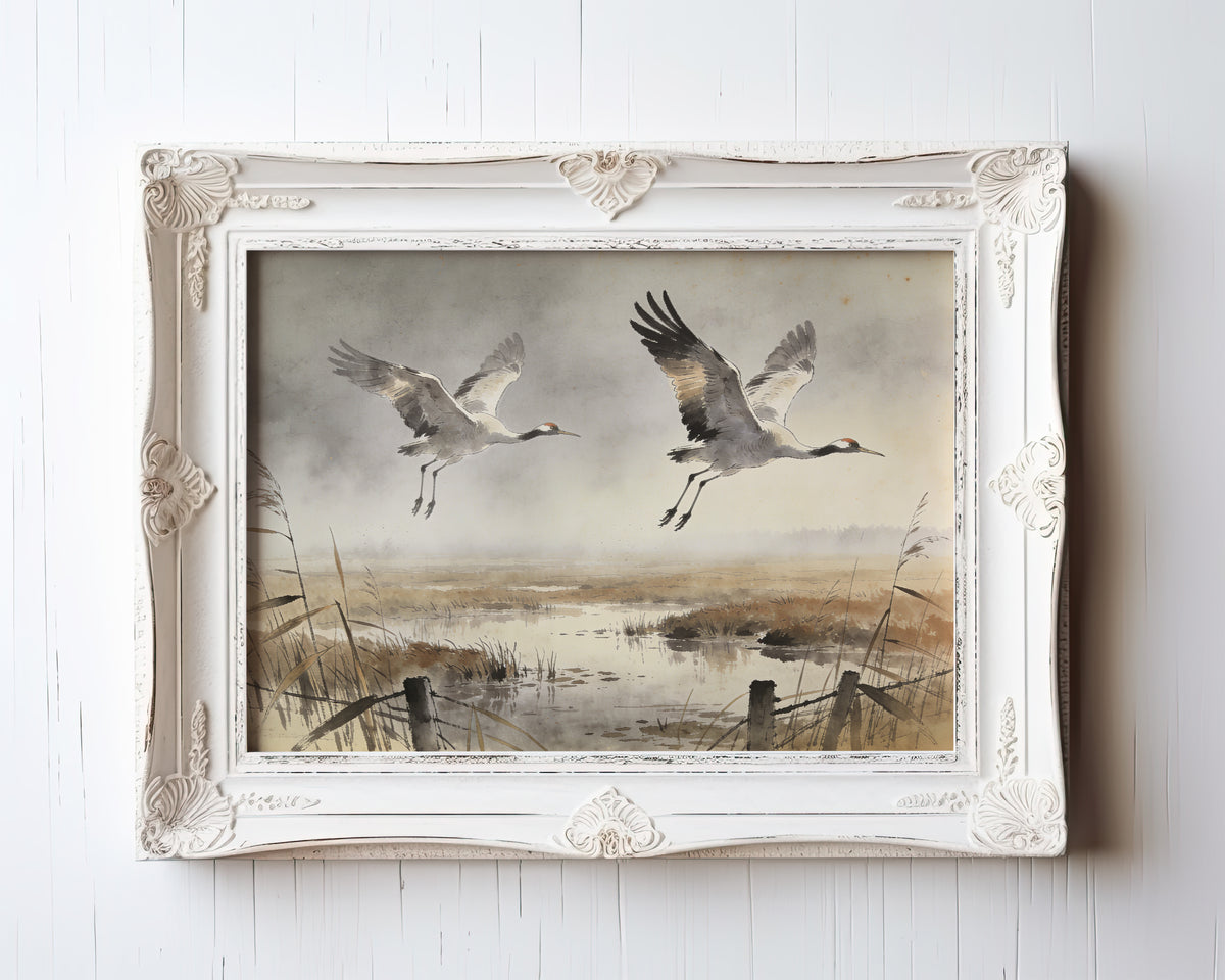Watercolor painting of two cranes flying over a misty wetland marsh at dawn — view 3