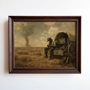 Cowboy resting by covered wagon oil painting with desert dust storm on horizon