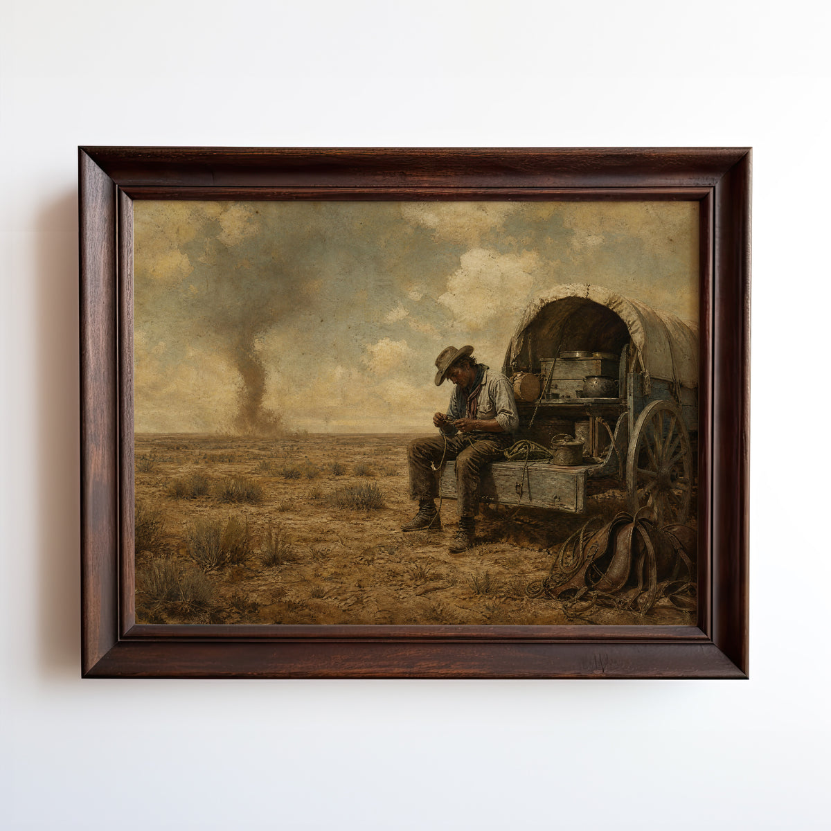 Cowboy resting by covered wagon oil painting with desert dust storm on horizon