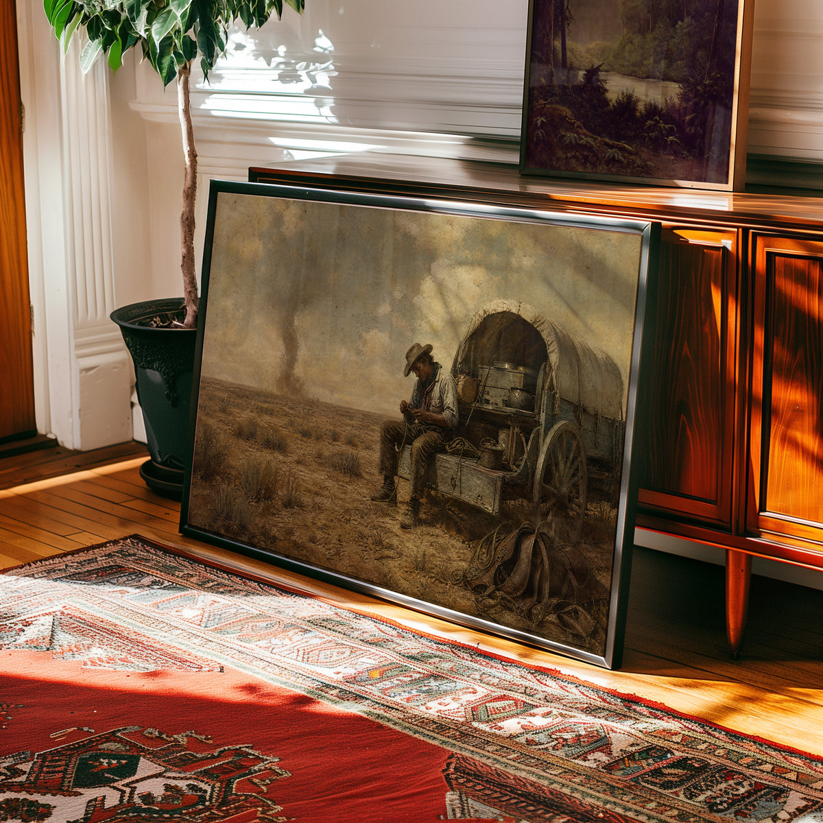 Cowboy resting by covered wagon oil painting with desert dust storm on horizon — view 2