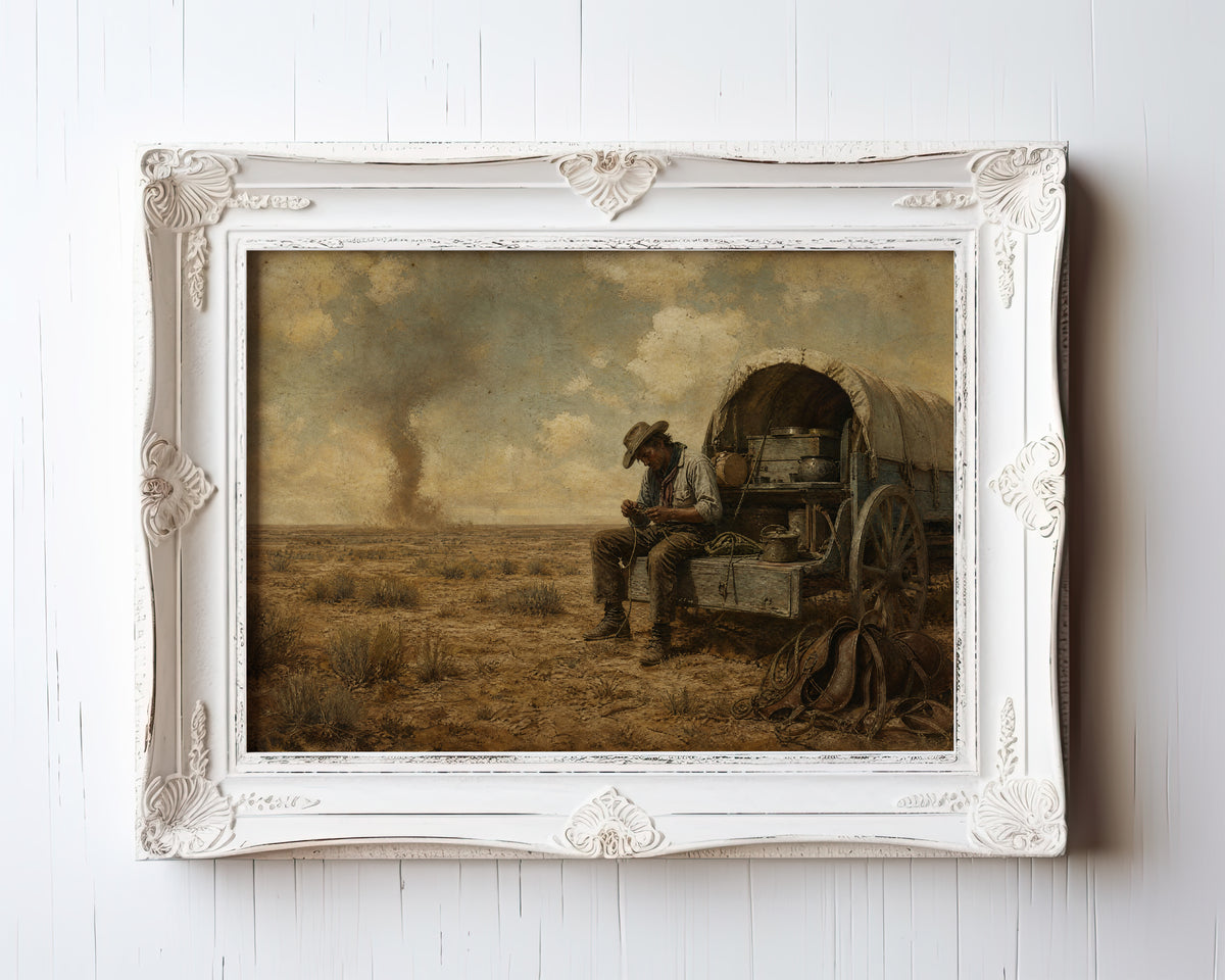 Cowboy resting by covered wagon oil painting with desert dust storm on horizon — view 3