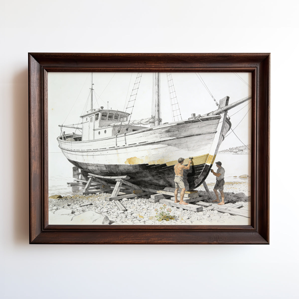 Watercolor print of a fishing boat beached on a rocky shore with weathered rigging