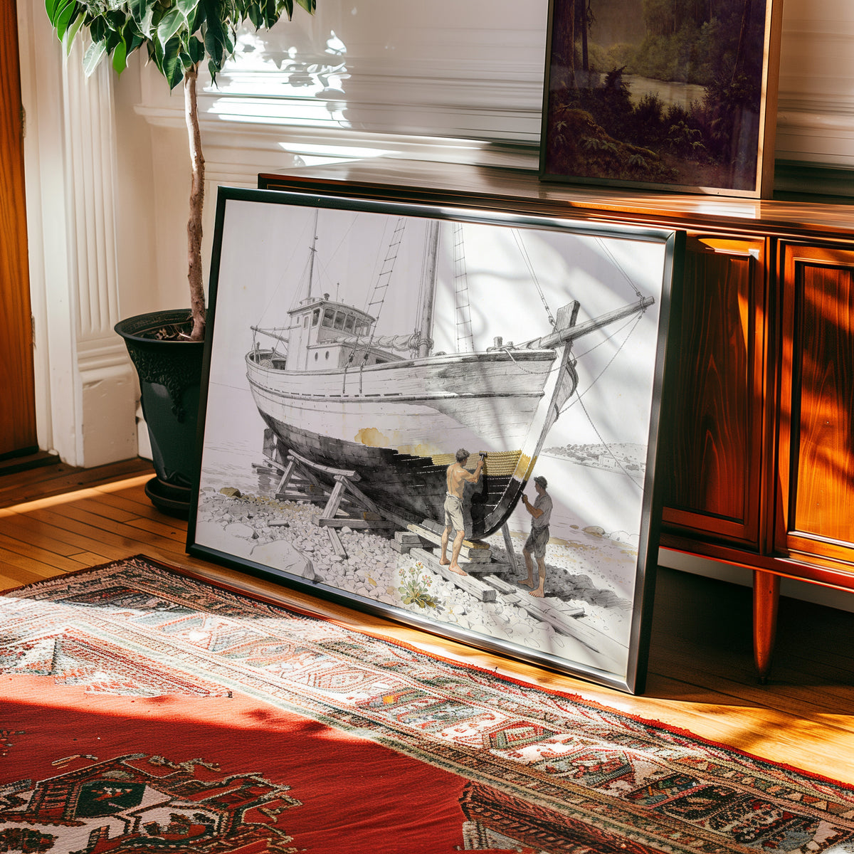 Watercolor print of a fishing boat beached on a rocky shore with weathered rigging — view 2