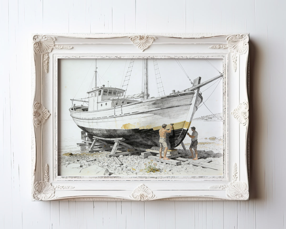 Watercolor print of a fishing boat beached on a rocky shore with weathered rigging — view 3