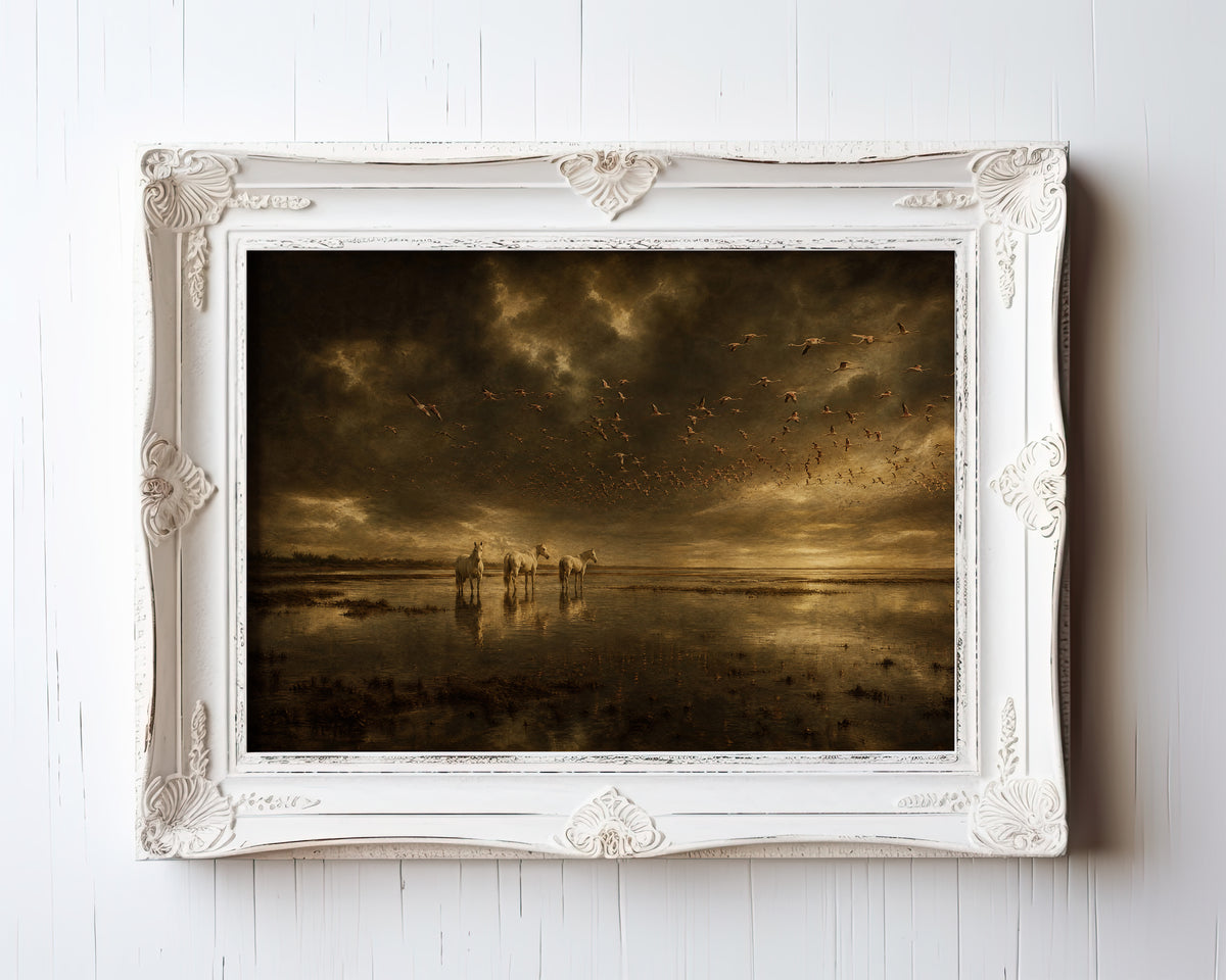 Horses standing in shallow water under a storm sky with birds flying overhead in golden light — view 3