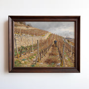 Oil painting of a vineyard worker tending dormant vines on a terraced winter hillside